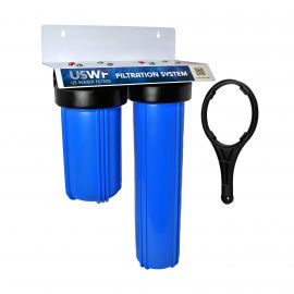 USWF 2-Stage 10"+20" Big Blue Heavy Duty Whole House Filter Housing, 1" NPT Inlet/Outlet, Includes Mounting Bracket & Wrench